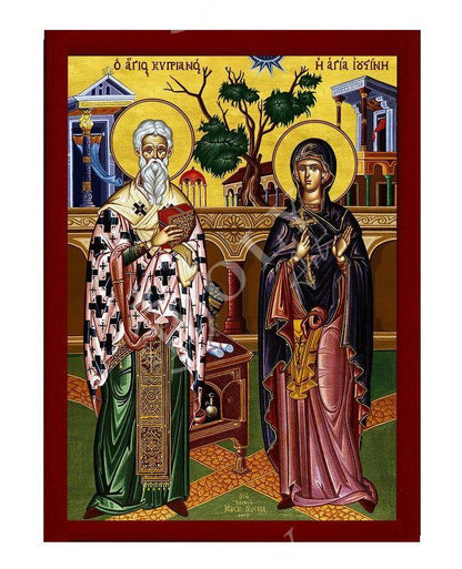 Saint Cyprian & Justina icon, Handmade Greek Orthodox icon St Cyprian Justina, Byzantine art wall hanging icon wood plaque religious decor - TheHolyArt
