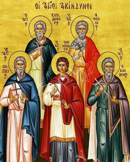 Sts. Akindynos, Aphtonios, Pegasios, Elpidophoros and Anempodistos Orthodox icon, Handmade Greek icon Byzantine art wall hanging wood plaque - TheHolyArt
