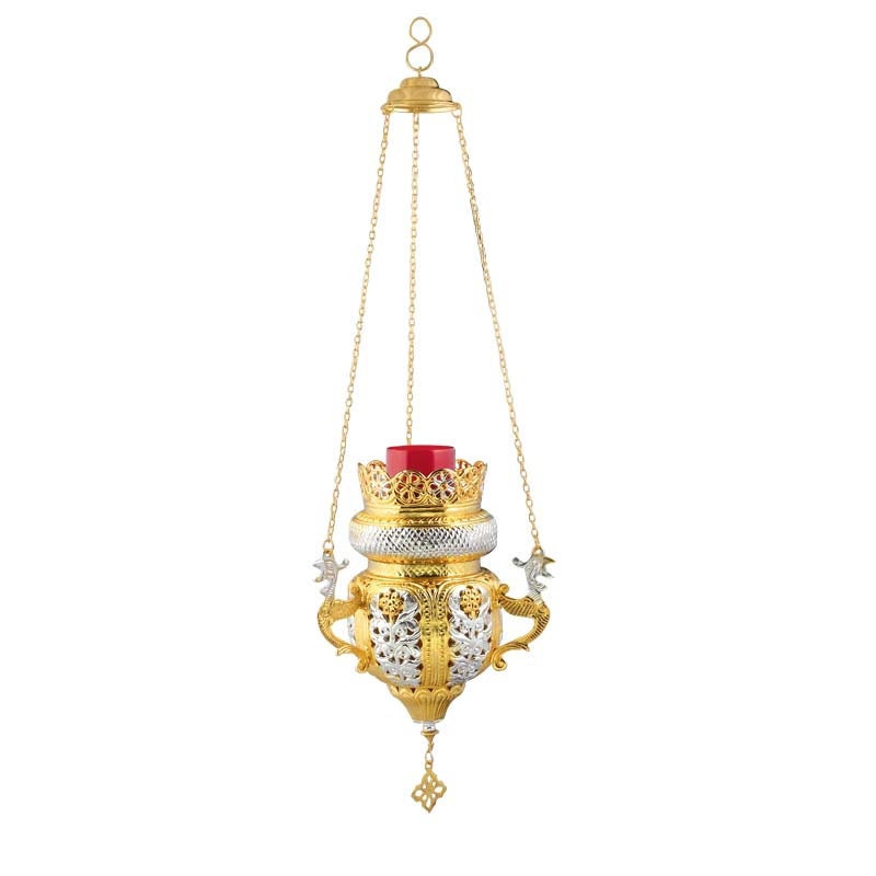 Gold Plated Christian Brass Hanging Oil Vigil Lamp with Cross, Prayer Hanging Oil Lamp, Orthodox Oil Candle with glass cup, religious decor TheHolyArt