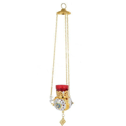 Gold Plated Christian Brass Hanging Oil Vigil Lamp with Cross, Prayer Hanging Oil Lamp, Orthodox Oil Candle with glass cup, religious decor - TheHolyArt