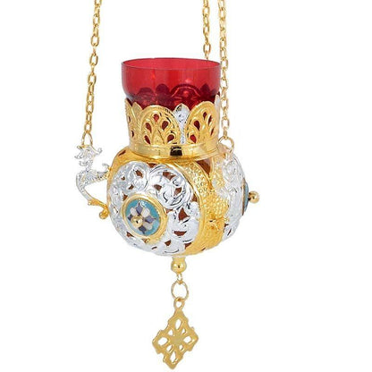Gold Plated Christian Brass Hanging Oil Vigil Lamp with Cross, Prayer Hanging Oil Lamp, Orthodox Oil Candle with glass cup, religious decor - TheHolyArt