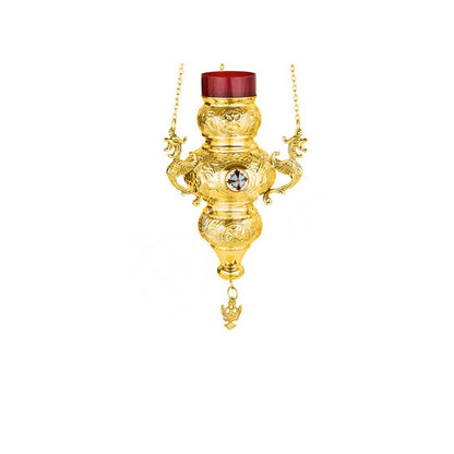 Gold Plated Christian Brass Hanging Oil Vigil Lamp with Cross, Prayer Hanging Oil Lamp, Orthodox Oil Candle with glass cup, religious decor - TheHolyArt