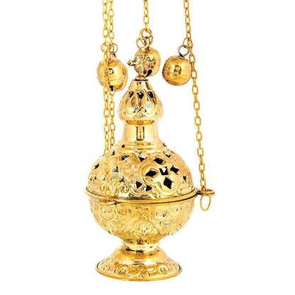 Gold Plated Christian Hanging Brass Resin Incense Burner, Greek Orthodox Thurible Incense holder, Metal Byzantine Censer Perfume burner gift - TheHolyArt