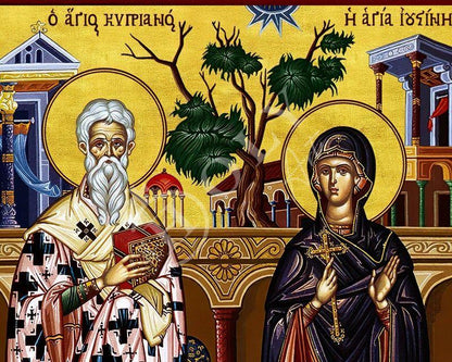 Saint Cyprian & Justina icon, Handmade Greek Orthodox icon St Cyprian Justina, Byzantine art wall hanging icon wood plaque religious decor - TheHolyArt