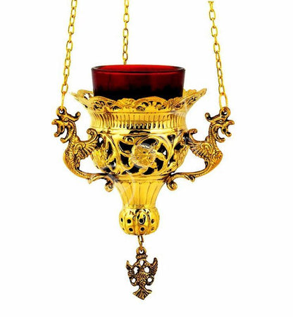 Christian Gold Plated Hanging Oil Vigil Lamp with Cross, Handmade Prayer Hanging Oil Lamp Orthodox Oil Candle with glass cup religious decor - TheHolyArt