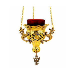 Christian Gold Plated Hanging Oil Vigil Lamp with Cross, Handmade Prayer Hanging Oil Lamp Orthodox Oil Candle with glass cup religious decor - TheHolyArt