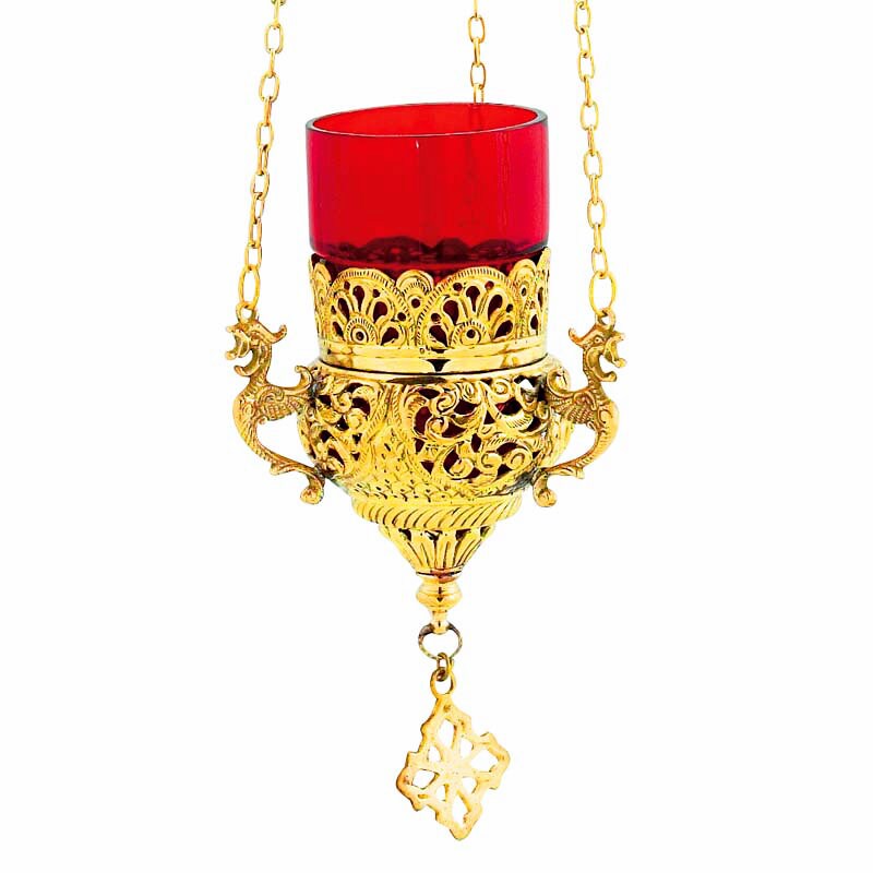 Christian Gold Plated Hanging Oil Vigil Lamp with Cross, Handmade Prayer Hanging Oil Lamp Orthodox Oil Candle with glass cup religious decor TheHolyArt