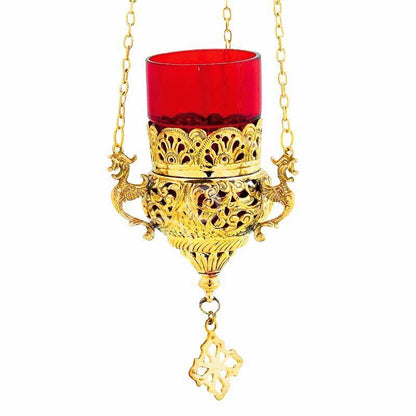 Christian Gold Plated Hanging Oil Vigil Lamp with Cross, Handmade Prayer Hanging Oil Lamp Orthodox Oil Candle with glass cup religious decor - TheHolyArt