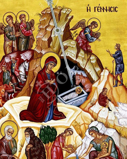 Nativity of Jesus Christ icon, Handmade Greek Orthodox icon, Byzantine art wall hanging wood plaque of the Birth our Lord, religious decor (2) - TheHolyArt