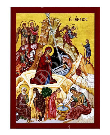 Nativity of Jesus Christ icon, Handmade Greek Orthodox icon, Byzantine art wall hanging wood plaque of the Birth our Lord, religious decor (2) - TheHolyArt