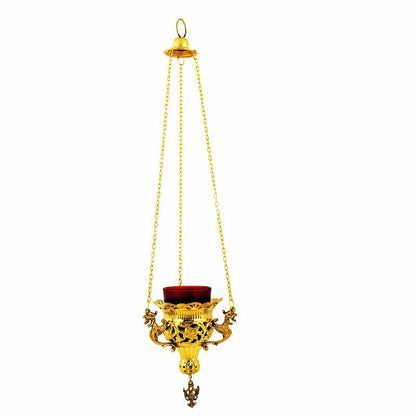 Christian Gold Plated Hanging Oil Vigil Lamp with Cross, Handmade Prayer Hanging Oil Lamp Orthodox Oil Candle with glass cup religious decor - TheHolyArt
