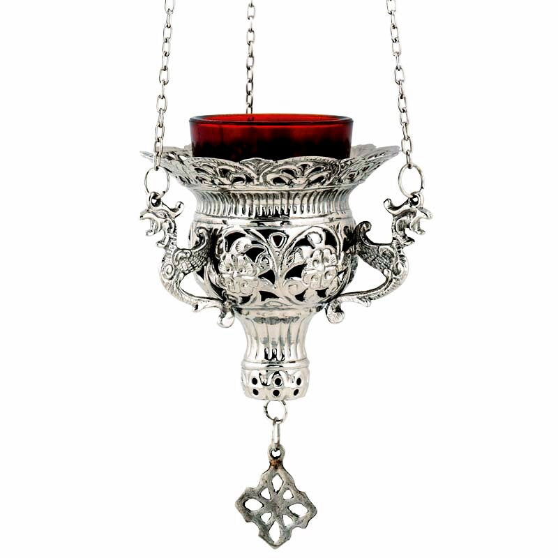 Christian Nickel Plated Hanging Oil Vigil Lamp with Cross Handmade Prayer Hanging Oil Lamp Orthodox Oil Candle w/ glass cup religious decor