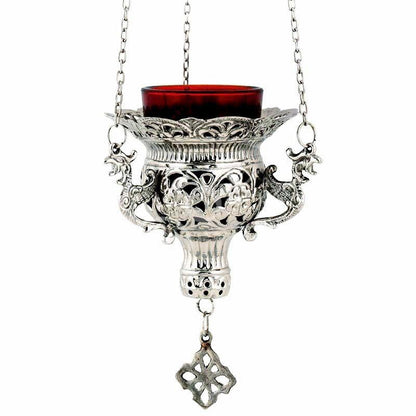 Christian Nickel Plated Hanging Oil Vigil Lamp with Cross Handmade Prayer Hanging Oil Lamp Orthodox Oil Candle w/ glass cup religious decor - TheHolyArt