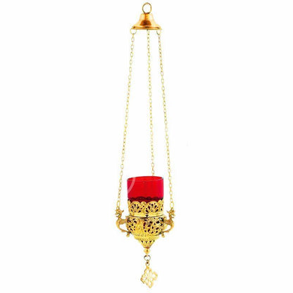 Christian Gold Plated Hanging Oil Vigil Lamp with Cross, Handmade Prayer Hanging Oil Lamp Orthodox Oil Candle with glass cup religious decor - TheHolyArt