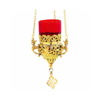 Christian Gold Plated Hanging Oil Vigil Lamp with Cross, Handmade Prayer Hanging Oil Lamp Orthodox Oil Candle with glass cup religious decor - TheHolyArt