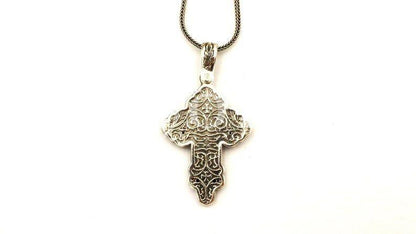 Silver Cross Necklace, Handmade Byzantine Greek Crucifix Pendant, Religious Gift Carved Silver 925 Cross Pendant Necklace w/ Green Emerald - TheHolyArt