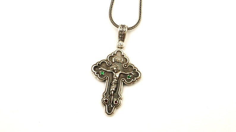Silver Cross Necklace, Handmade Byzantine Greek Crucifix Pendant, Religious Gift Carved Silver 925 Cross Pendant Necklace w/ Green Emerald
