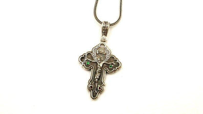 Silver Cross Necklace, Handmade Byzantine Greek Crucifix Pendant, Religious Gift Carved Silver 925 Cross Pendant Necklace w/ Green Emerald - TheHolyArt