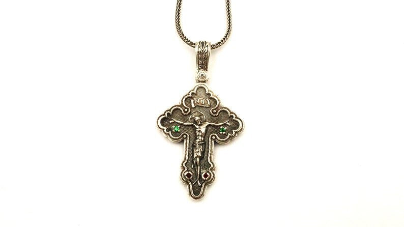 Silver Cross Necklace, Handmade Byzantine Greek Crucifix Pendant, Religious Gift Carved Silver 925 Cross Pendant Necklace w/ Green Emerald