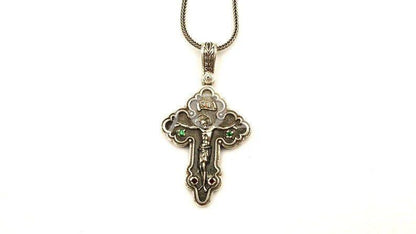 Silver Cross Necklace, Handmade Byzantine Greek Crucifix Pendant, Religious Gift Carved Silver 925 Cross Pendant Necklace w/ Green Emerald - TheHolyArt