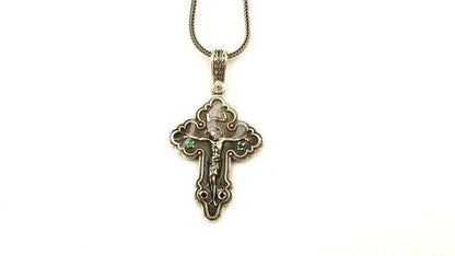 Silver Cross Necklace, Handmade Byzantine Greek Crucifix Pendant, Religious Gift Carved Silver 925 Cross Pendant Necklace w/ Green Emerald - TheHolyArt