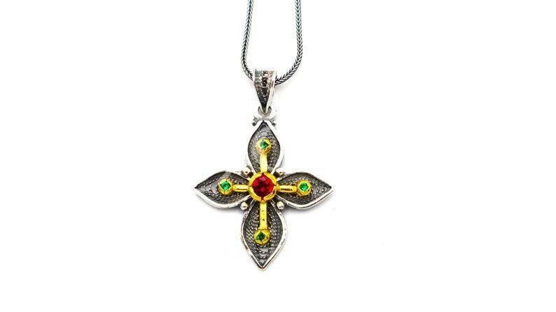 Gold Plated Silver Cross Necklace Handmade Byzantine Greek Crucifix Pendant Religious Gift Silver 925 Cross Pendant Necklace w Zircon Stones