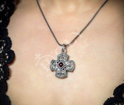 Silver Cross Necklace, Handmade Byzantine Greek Crucifix Pendant, Religious Gift Carved Silver 925 Cross Pendant Necklace w/ Amethyst Stone - TheHolyArt