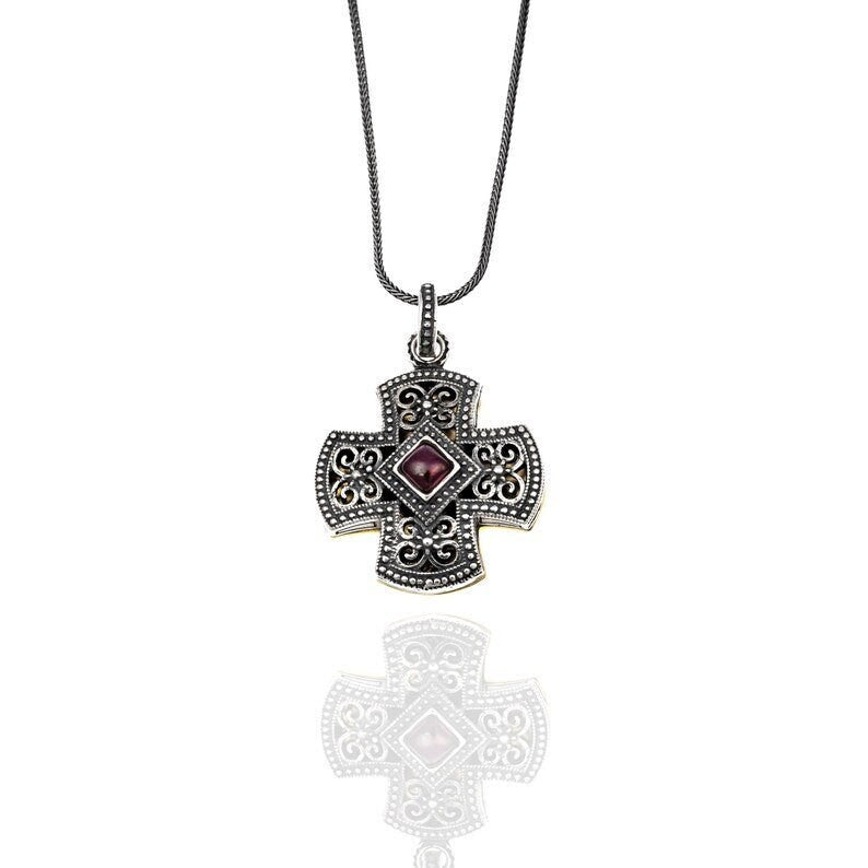 Silver Cross Necklace, Handmade Byzantine Greek Crucifix Pendant, Religious Gift Carved Silver 925 Cross Pendant Necklace w/ Amethyst Stone