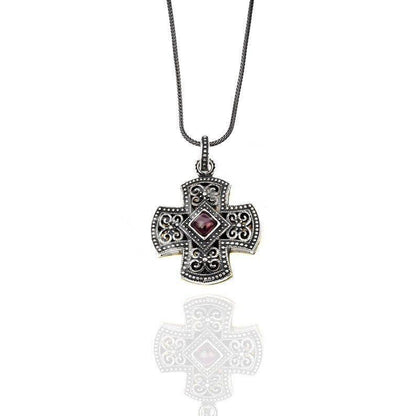 Silver Cross Necklace, Handmade Byzantine Greek Crucifix Pendant, Religious Gift Carved Silver 925 Cross Pendant Necklace w/ Amethyst Stone - TheHolyArt