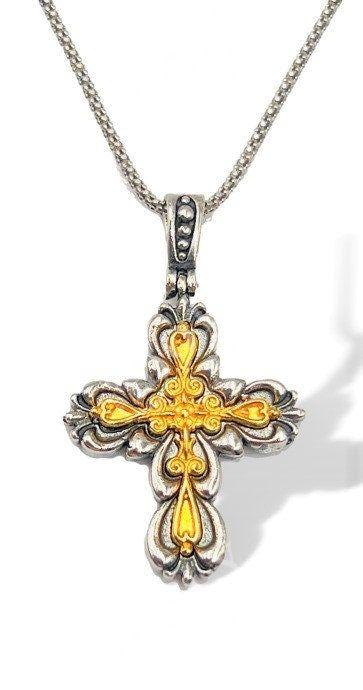 Gold Plated Silver Cross Necklace, Handmade Byzantine Greek Crucifix Pendant, Religious Gift Carved Silver 925 Cross Pendant Necklace - TheHolyArt