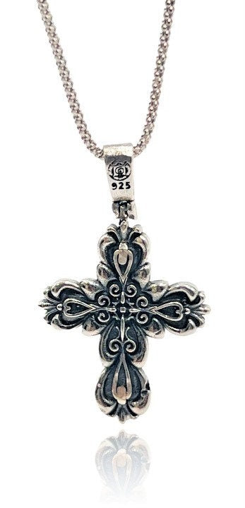 Gold Plated Silver Cross Necklace, Handmade Byzantine Greek Crucifix Pendant, Religious Gift Carved Silver 925 Cross Pendant Necklace