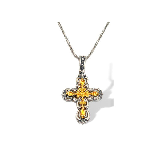 Gold Plated Silver Cross Necklace, Handmade Byzantine Greek Crucifix Pendant, Religious Gift Carved Silver 925 Cross Pendant Necklace