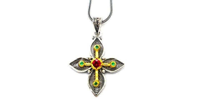 Gold Plated Silver Cross Necklace Handmade Byzantine Greek Crucifix Pendant Religious Gift Silver 925 Cross Pendant Necklace w Zircon Stones