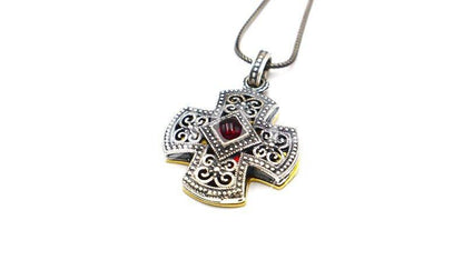 Silver Cross Necklace, Handmade Byzantine Greek Crucifix Pendant, Religious Gift Carved Silver 925 Cross Pendant Necklace w/ Amethyst Stone - TheHolyArt