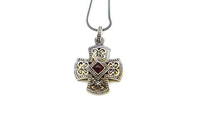 Silver Cross Necklace, Handmade Byzantine Greek Crucifix Pendant, Religious Gift Carved Silver 925 Cross Pendant Necklace w/ Amethyst Stone - TheHolyArt
