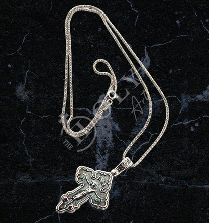 Silver Cross Necklace, Handmade Byzantine Greek Crucifix Pendant, Religious Gift Carved Silver 925 Cross Pendant Necklace w/ Green Emerald - TheHolyArt