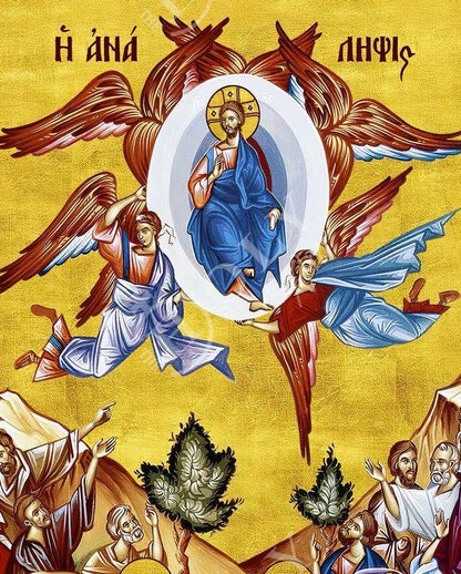 The Ascension of Jesus Christ icon, Handmade Greek Orthodox icon of Analipsi, Byzantine art wall hanging of our Lord rising to Heaven plaque - TheHolyArt