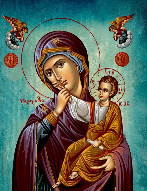 Virgin Mary icon Panagia Paramythia, Handmade Greek Orthodox Icon, Mother of God Byzantine art, Theotokos wall hanging wood plaque gift
