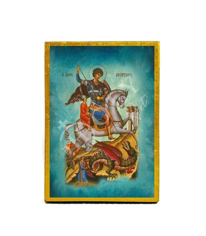 Saint George icon, Handmade Greek Orthodox icon of St George, Byzantine art wall hanging icon wood plaque, religious decor