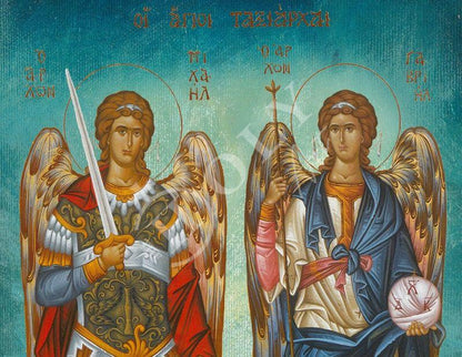Archangel Michael & Archangel Gabriel icon, Byzantine Religious art wall hanging, Greek Catholic Orthodox icon wood plaque religious gift - TheHolyArt
