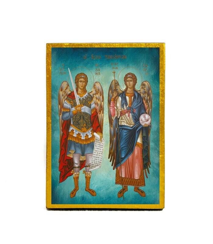 Archangel Michael & Archangel Gabriel icon, Byzantine Religious art wall hanging, Greek Catholic Orthodox icon wood plaque religious gift