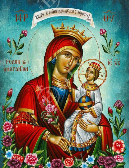 Virgin Mary icon Panagia Rose Amaranth, Handmade Greek Orthodox Icon, Mother of God Byzantine art, Theotokos wall hanging wood plaque gift - TheHolyArt