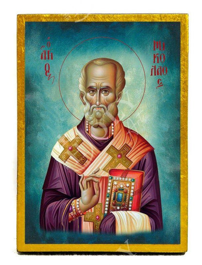 Saint Nicholas icon, Handmade Greek Catholic Orthodox icon of St Nick, Byzantine art wall hanging icon on wood plaque, religious decor - TheHolyArt