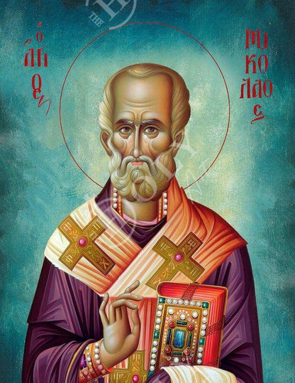 Saint Nicholas icon, Handmade Greek Catholic Orthodox icon of St Nick, Byzantine art wall hanging icon on wood plaque, religious decor - TheHolyArt