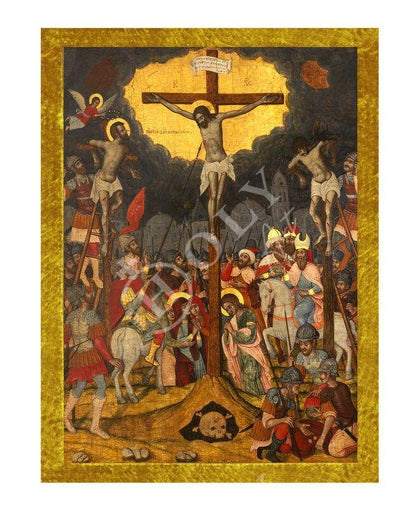 The Crucifixion icon, Jesus Christ Holy Cross Handmade Greek Orthodox icon, Byzantine art wall hanging wood plaque icon, religious gift - TheHolyArt