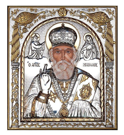 Saint Nicholas icon, Handmade Silver 999 Greek Orthodox St Nick icon, Byzantine art wall hanging wood plaque icon, religious icon home decor - TheHolyArt