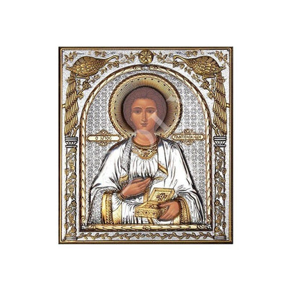 Saint Panteleimon icon, Handmade Silver 999 Greek Orthodox icon St Pantaleon, Byzantine art wall hanging on wood plaque religious icon gift - TheHolyArt