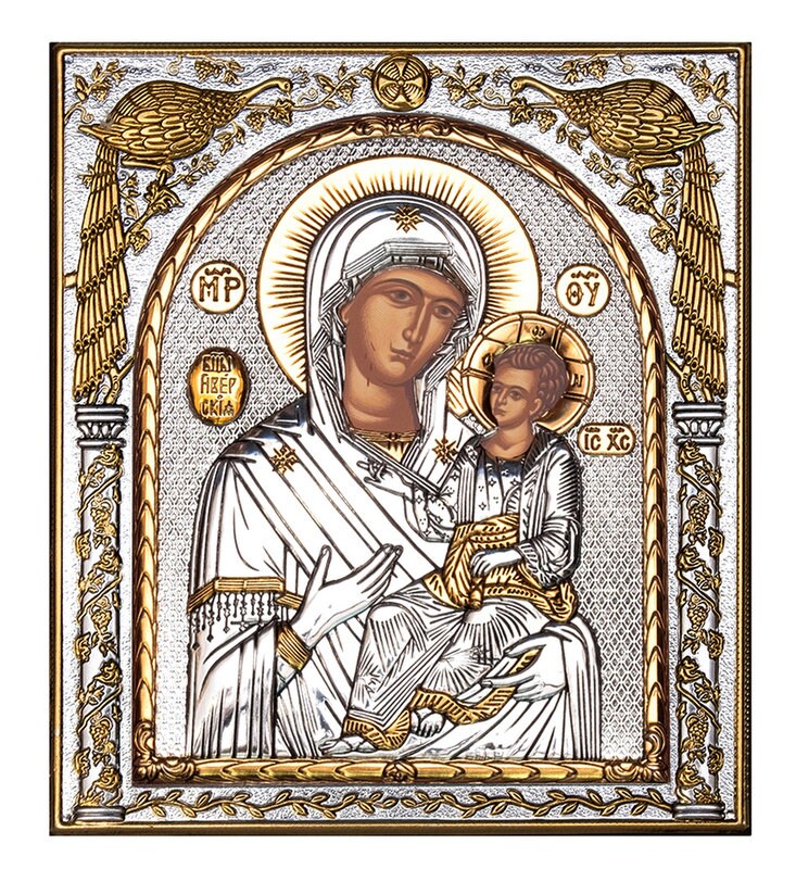 Virgin Mary icon Panagia Portaitissa, Handmade Silver 999 Greek Orthodox icon, Byzantine art wall hanging on wood plaque religious icon gift