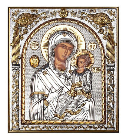 Virgin Mary icon Panagia Portaitissa, Handmade Silver 999 Greek Orthodox icon, Byzantine art wall hanging on wood plaque religious icon gift - TheHolyArt
