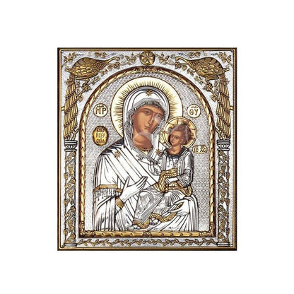 Virgin Mary icon Panagia Portaitissa, Handmade Silver 999 Greek Orthodox icon, Byzantine art wall hanging on wood plaque religious icon gift - TheHolyArt